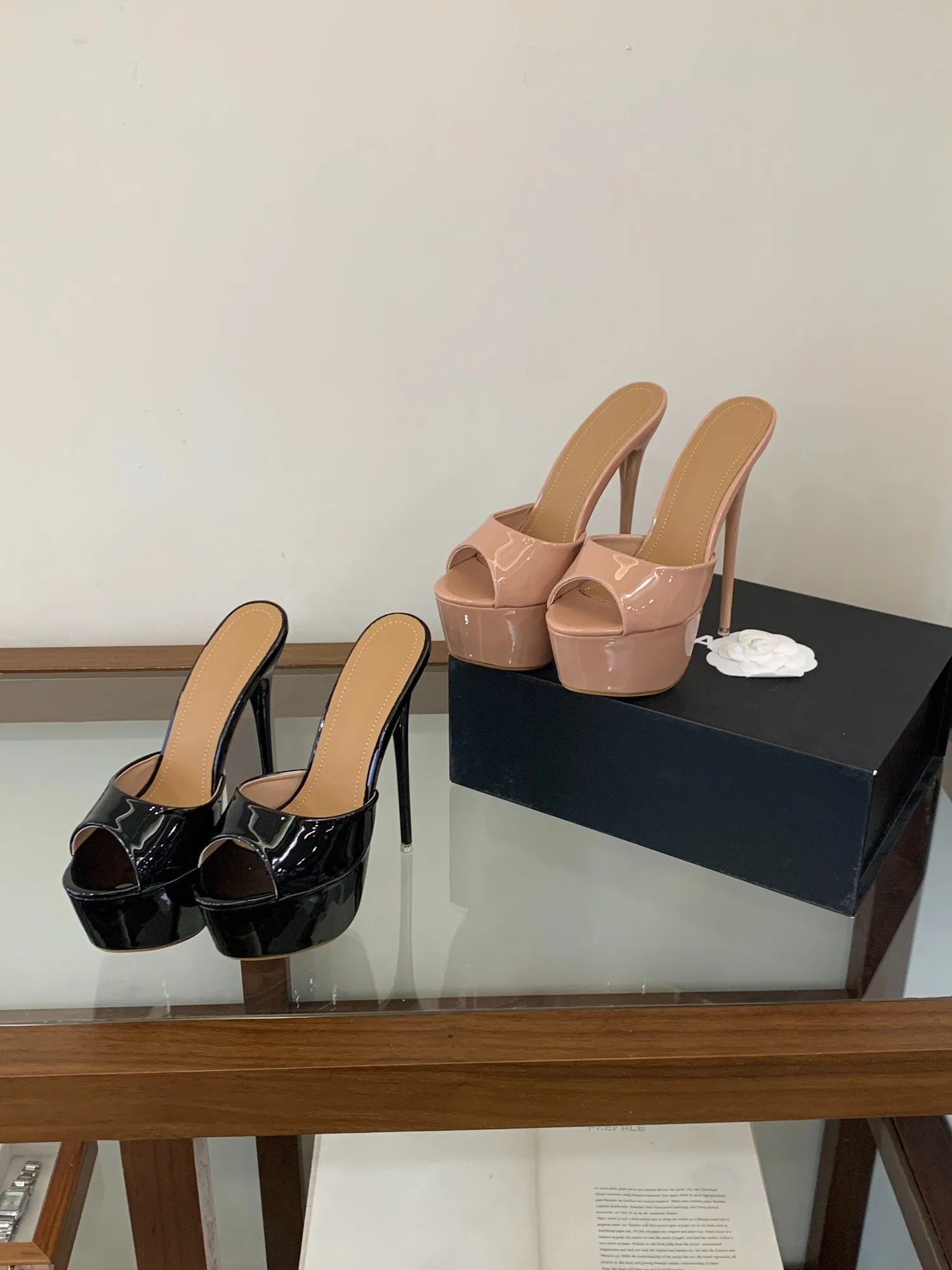 Plus Size Patent Platform Stiletto Peep Toe Slip On 16cm Super High Heel Mule Sandals Up To US12 For Club Daily Outfit