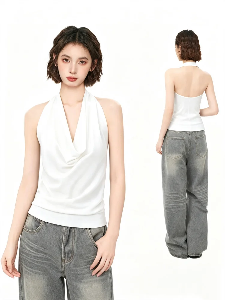 Sexy Backless Strap Vest Women's plus Size Slim Fit Inner Wear Base Layer Casual Style U-Neckline High Elasticity Fiber