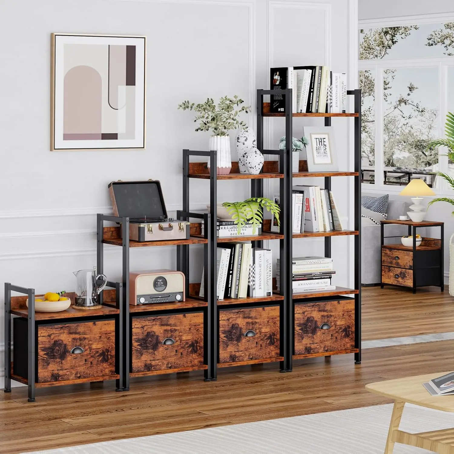 5 Tier Bookshelf with Drawer, Tall Narrow Bookcase with Shelves, Wood and Metal Bookshelves Storage Organizer