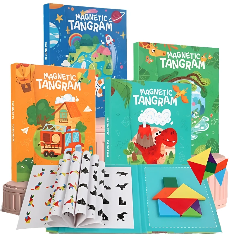 Montessori Magnetic Tangram Puzzle Book Wooden Jigsaw Puzzle Board Game Educational Learning Intelligence Toys for Baby Kids