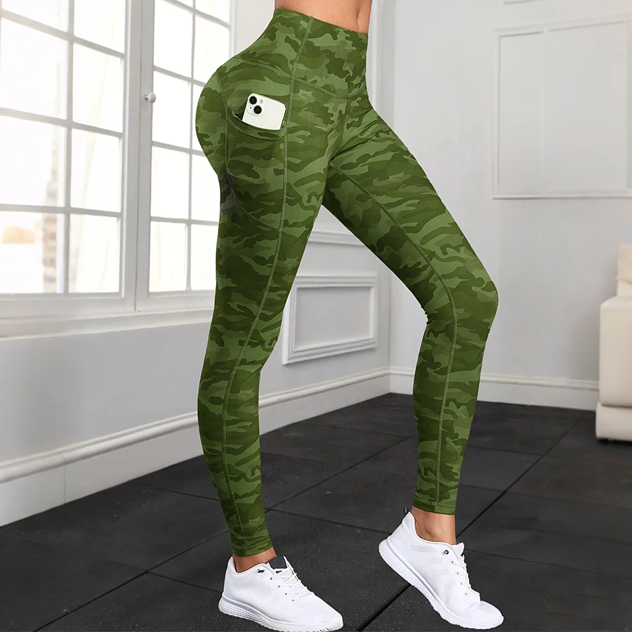 Leggings with Pockets for Women Tummy Control High Waisted Workout Yoga Pants Camouflage Printing Fitness Tights Casual Wear image 4