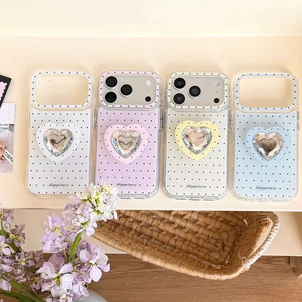 

Happiness Heart Holder iPhone 17 Pro Max 16 15 Case Glitter Dot Clear Back Cover 3D Stand Cute Protective Case for Women Girls