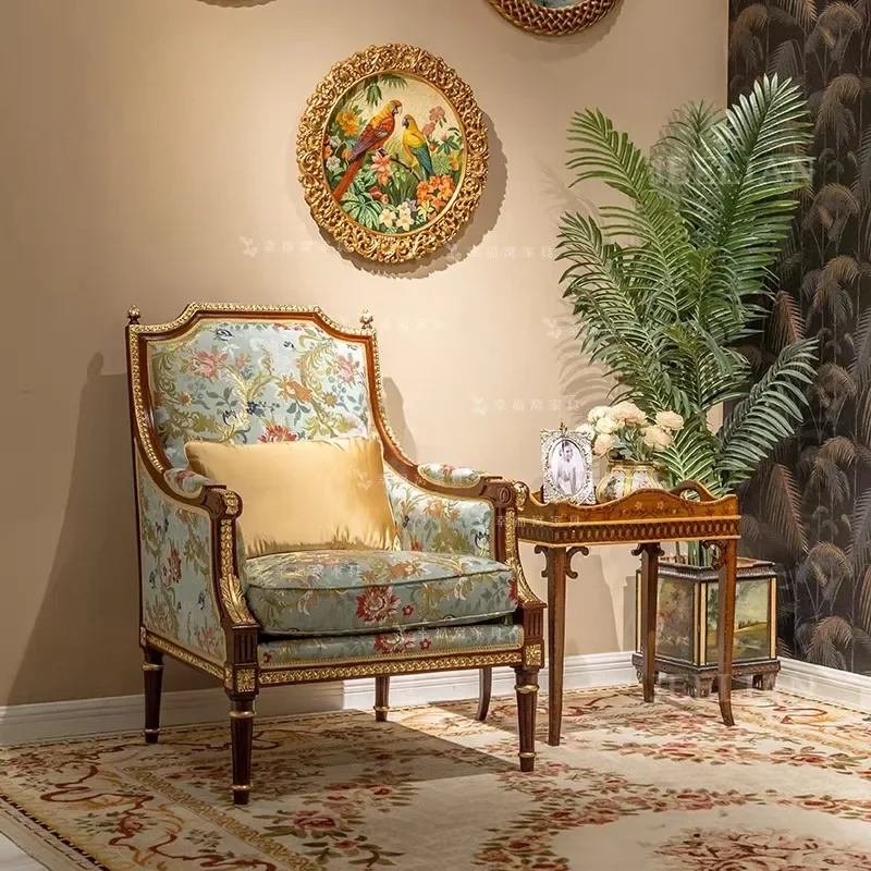 French European solid wood carving single sofa classical luxury embroidery fabric villa exhibition hall tiger chair