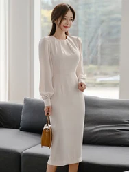 New Work Style Lady Simple Formal Pencil Dress Women Clothes Elegant Office Commute Vintage Puff Sleeve Slim Long Vestidos Robe