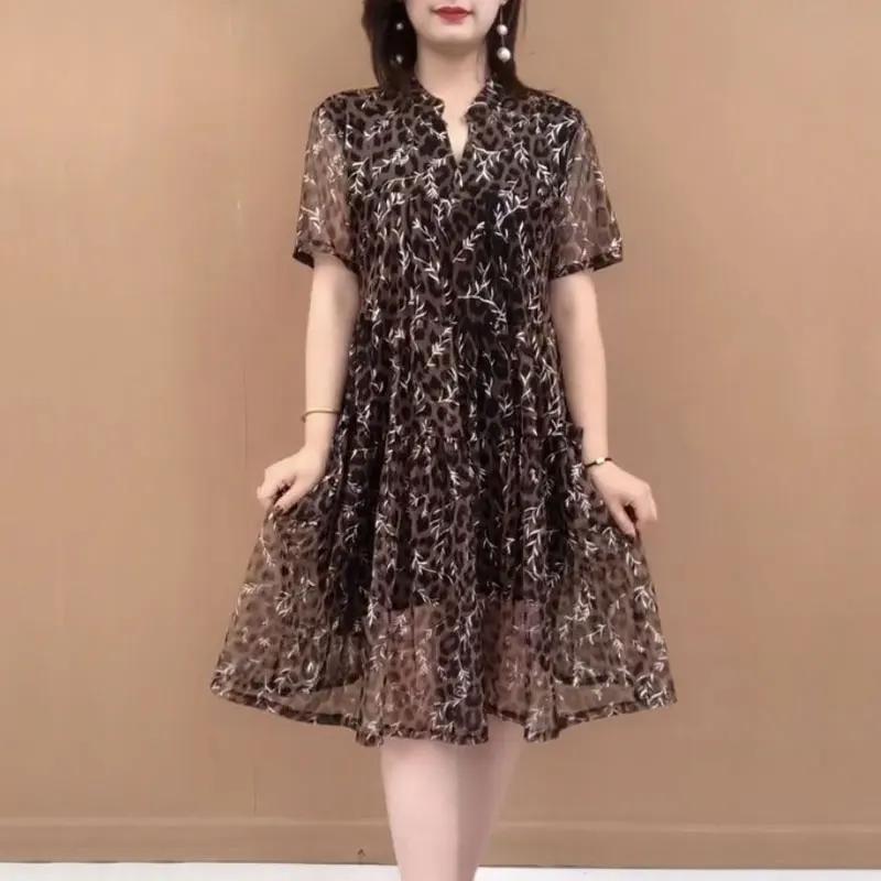 Women\'s Clothing Plant Printed Midi Dress Summer Short Sleeve Commute A-Line Waist Elegant V-Neck Fashion Folds Spliced Dresses