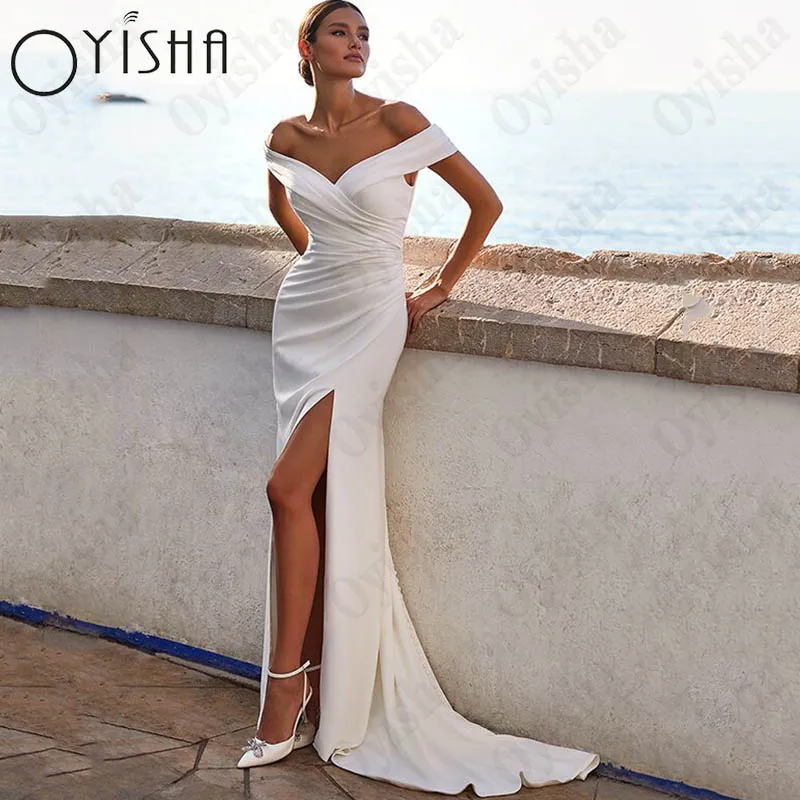 Oyisha High Split Sereia Vestido De Noiva Para As Mulheres V-Neck Off Shoulder Vestidos De Novia Backless Botões Vestido De Novia Custom Made Vestido de noiva sereia com fenda alta para mulheres Vestido de noiva com de