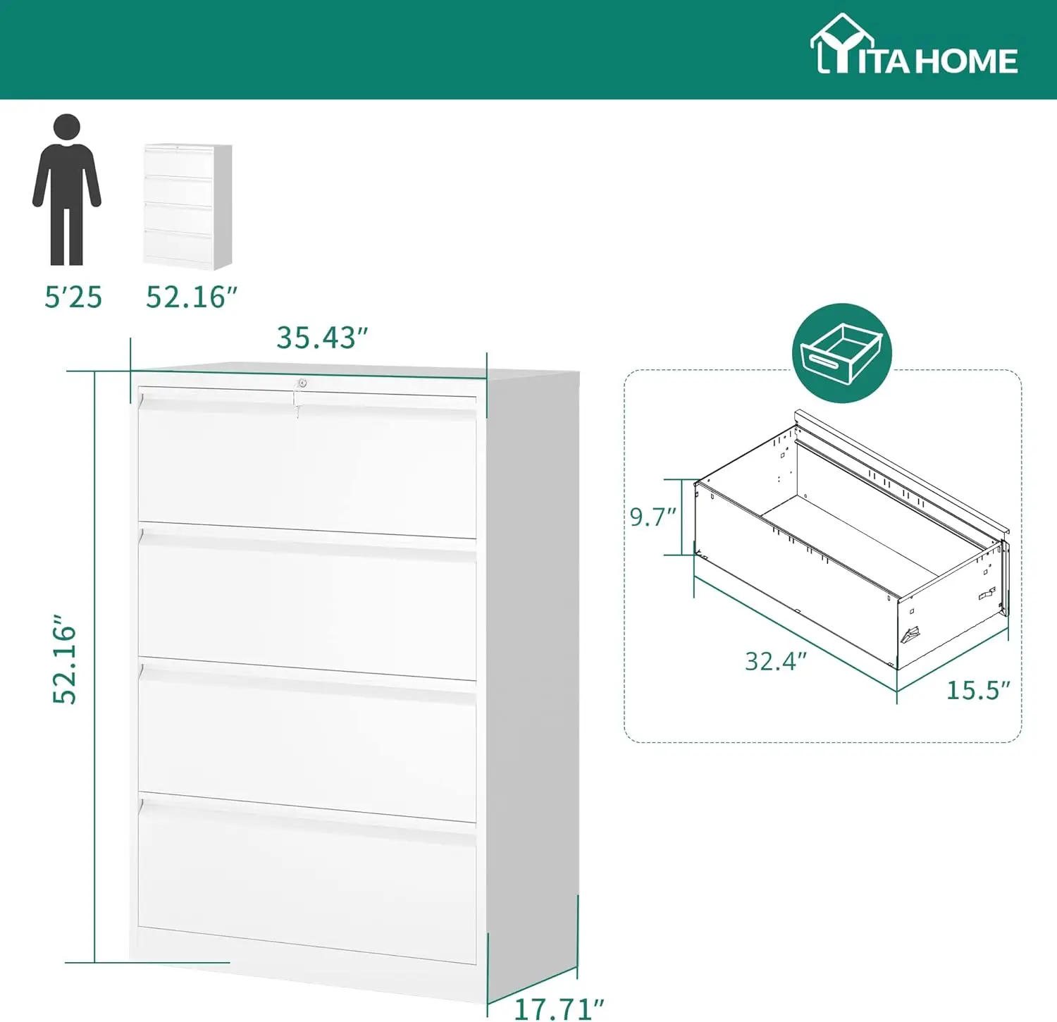 4 Drawer Metal Lateral Filing Cabinet, Stainless Steel Wide Lateral File Cabinet with Lock for Legal/Letter A4 Size,(White)