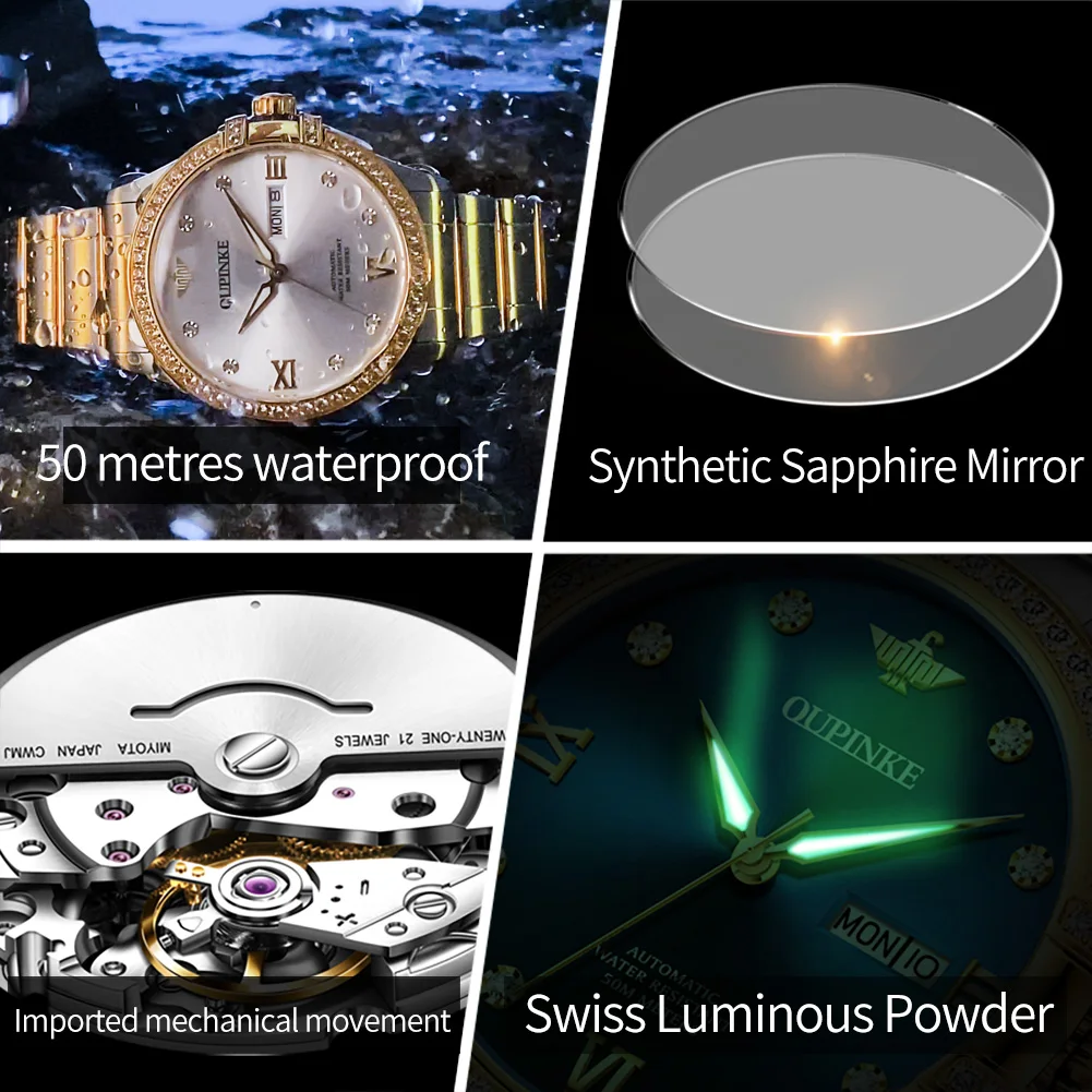 OUPINKE Luxury Brand Couple Watch Men's and Women's High end Elegant Diamond Dating Watch Sapphire Mirror Couple Gift Box Watch