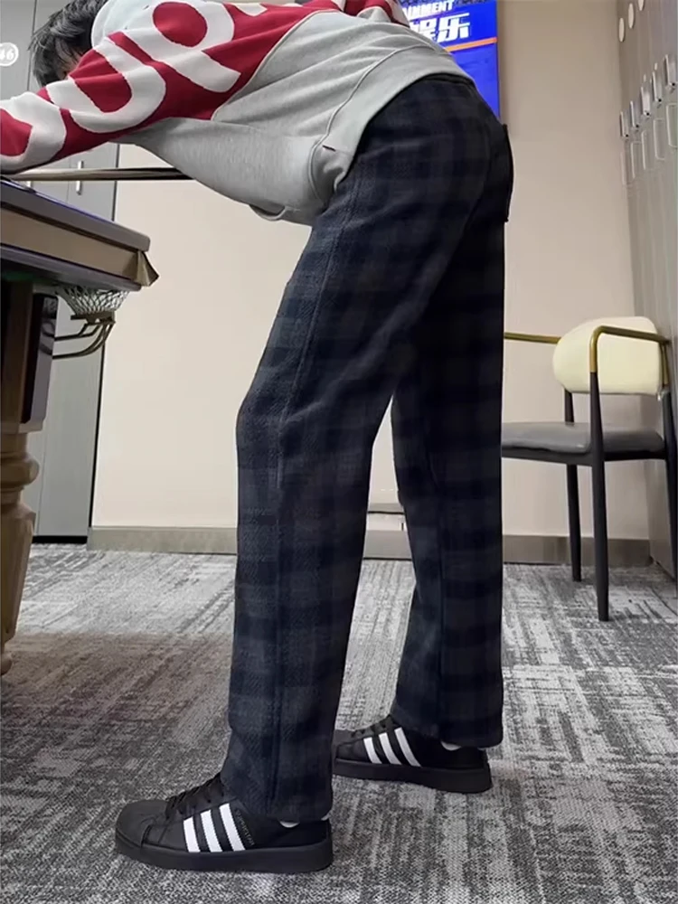 

Vintage Cheered Woolen Trousers Men's Winter Fce Lined Casual Straight Leg Pants Cleanfit Comfortable Loose Fit Faionable