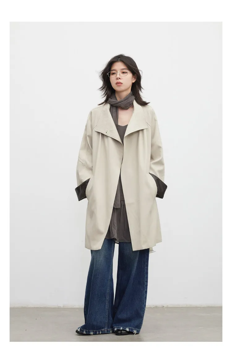 CHIC VEN Korean Women Mid Length PU Jacket Stand Collar One-button Laced Up Overcoat Office Lady Trench Coat Spring Autumn 2026