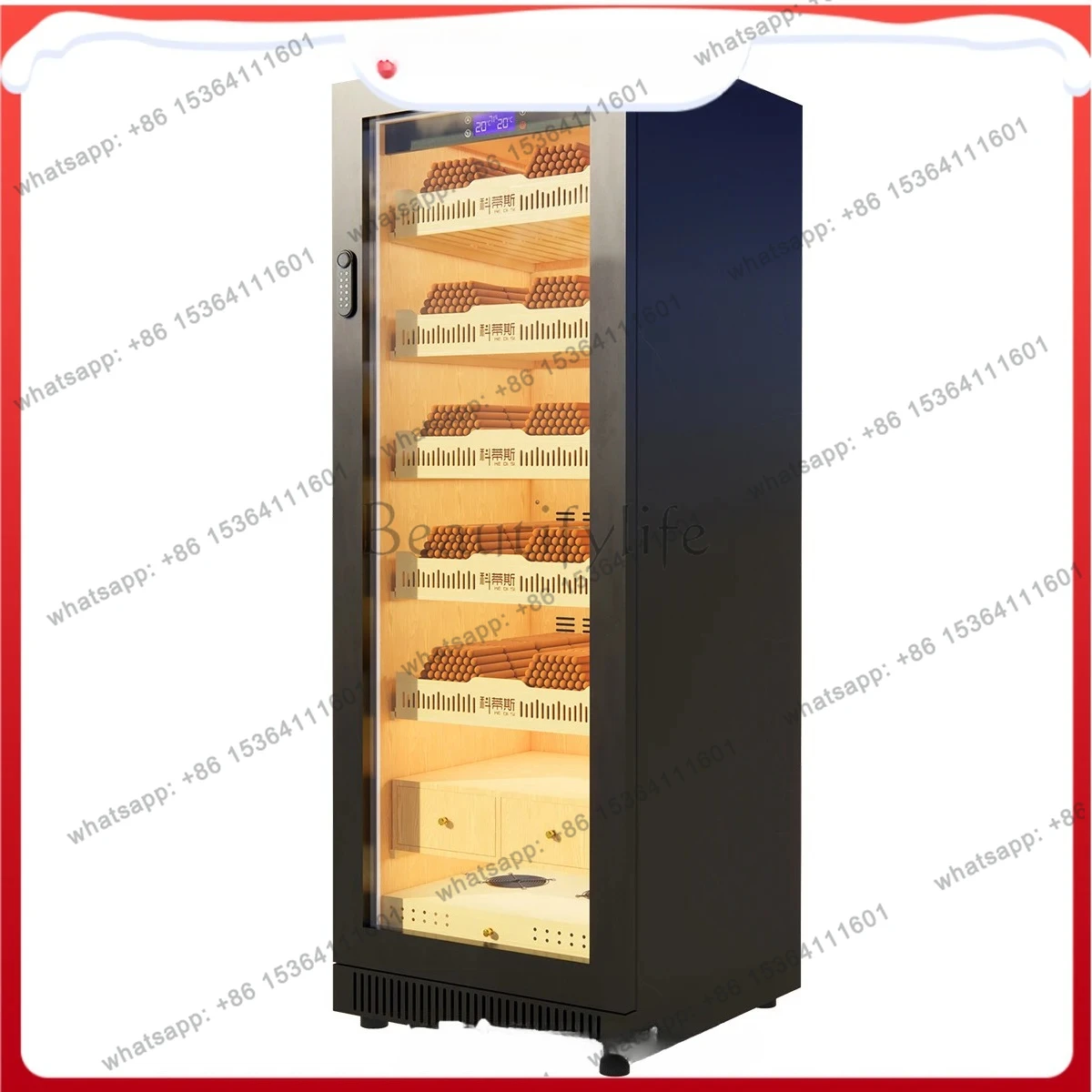 Cedar Wood Inner Liner Inverter Compressor Air Cooling Constant Temperature and Humidity Cigar Cabinet for Home and Commercial
