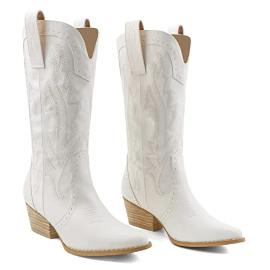 

Zzheels Women Mid-calf Cowboy Boots Pointy Toe Boot Embroide Western Cowgirl Boots Chunky Heels