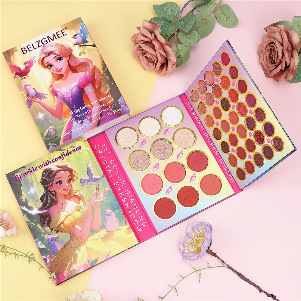 BELZGMEE 117 Colors 4 Pages Pretty Princess Matte Eye Shadow Palette Book Highlight Contour Blush Eyeshadow Professional Makeup