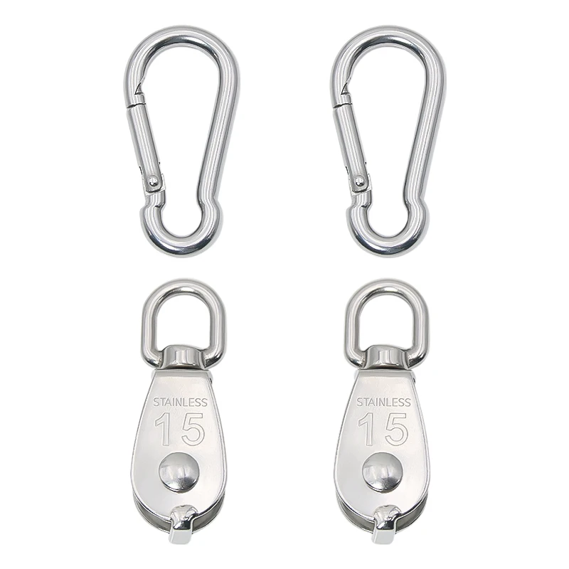2-5Pcs 304 Stainless Steel M15 Single Pulley Block, Wire Rope Hanging Wire Towing Wheel, with 2-5Pcs Spring Snap Hook