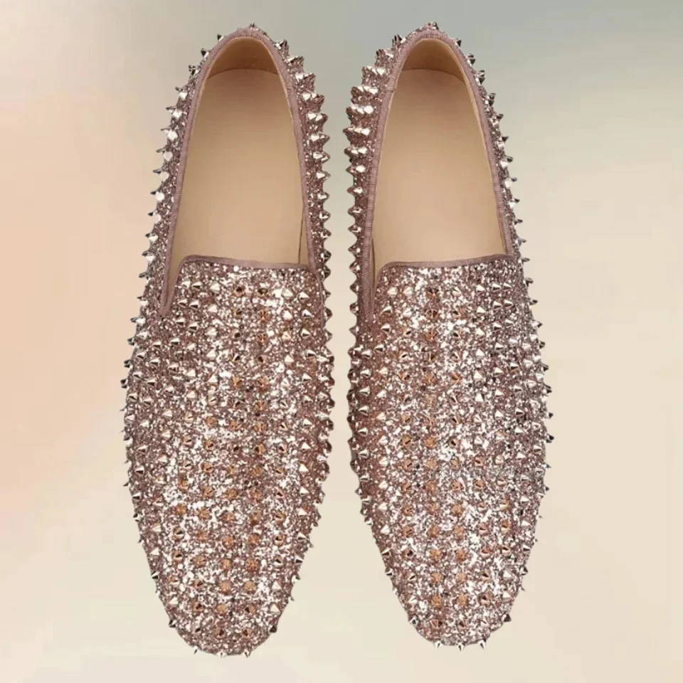 

Rivets Decor Pink Giltter Men Loafers Fashionable Comfort Slip On Men Shoes Novel Handmade Party Feast Low Top Men Casual Shoes