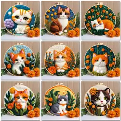 20x20cm Needle Felting Starter Kit With Embroidery Frame Cat Painting Wool Felting Kit for Beginners Adult DIY Handicraft