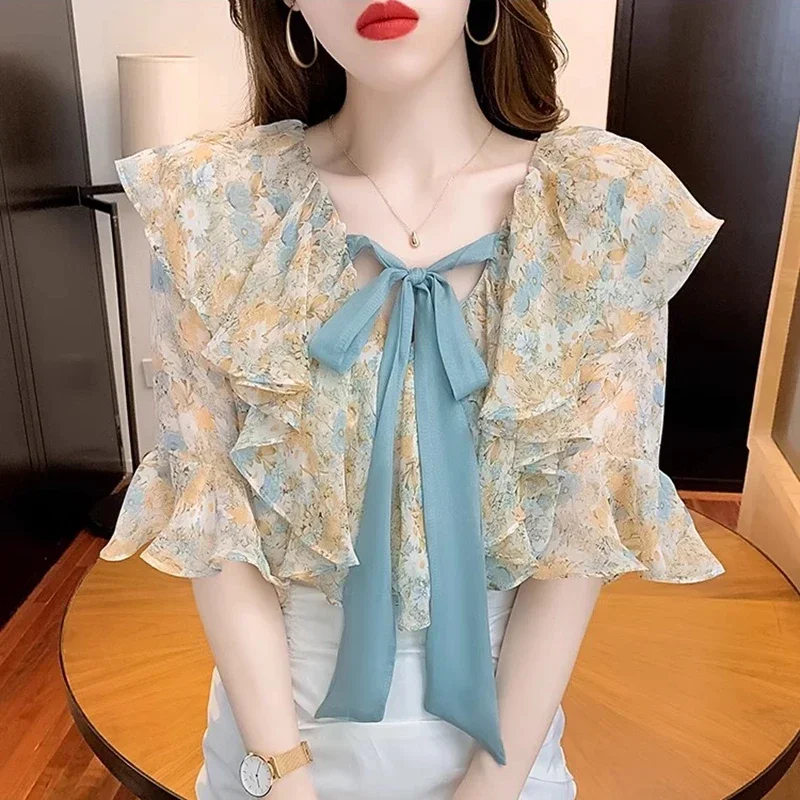 Floral Printed Summer Blouses Women 2024 Korean Fashion Short Sleeve Blusas Vintage Bow Neck ruffles Chiffon Tops y2k Shirts