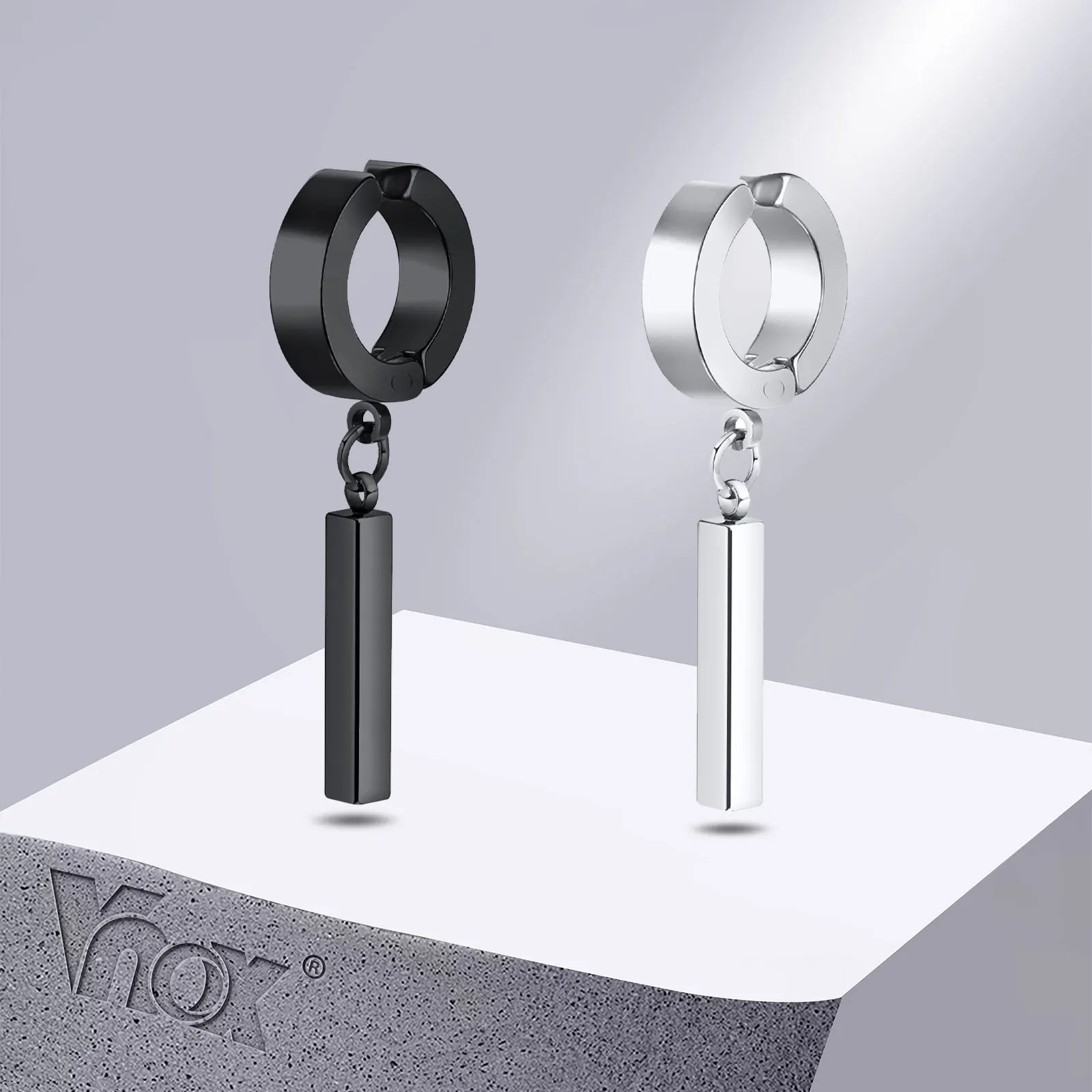 Vnox New Fashion 3D Bar Huggie Earrings for Men, Anti Allergy Stainless Steel Geometric Earrings without Piercing Accessory