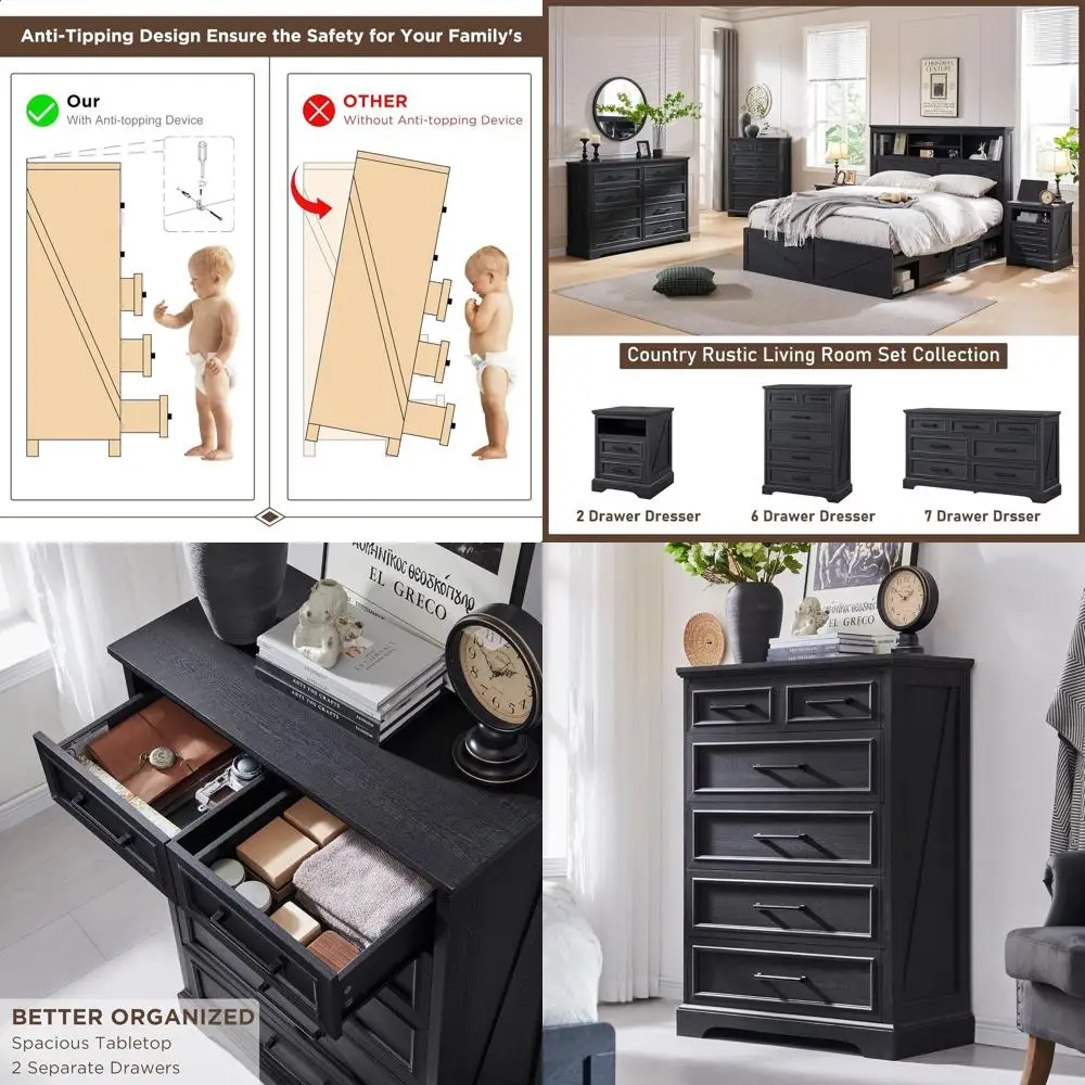 

Высокий деревянный комод на 44 ящика с большими металлическими ручками для спальни, гостиной или прихожей - черный