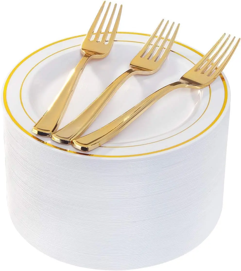 

144 Small Plastic Dessert Plates Set with 72 Gold Plates and 72 Forks, Disposable Cake Plates for Party