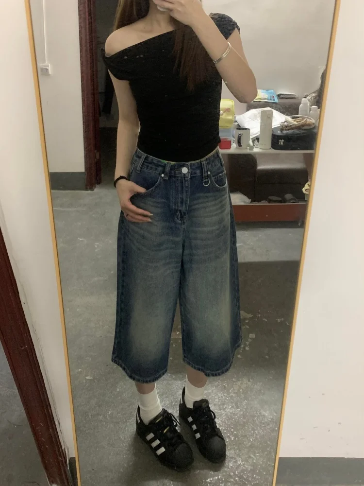 

American Retro Denim Seven-Foot Pants Women Summer Thin Slimming Loose High Waist Straight Leg Wide Leg Shorts Casual Wear