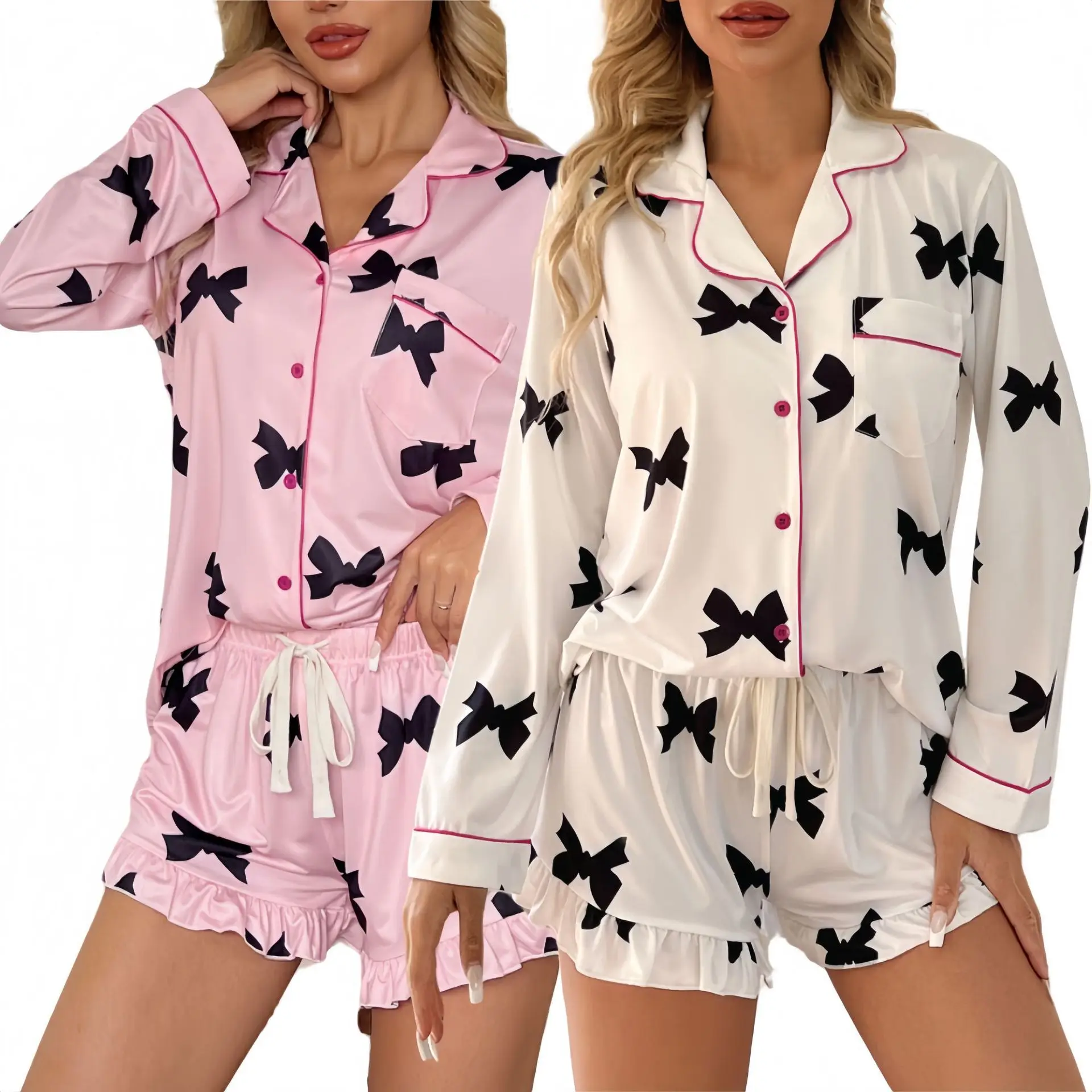 

Summer Silk Satin Pajamas For Women Loose Printed Bow Color Long-sleeved Shorts 2PCS Suit Ladies Home Clothes Outer Wear