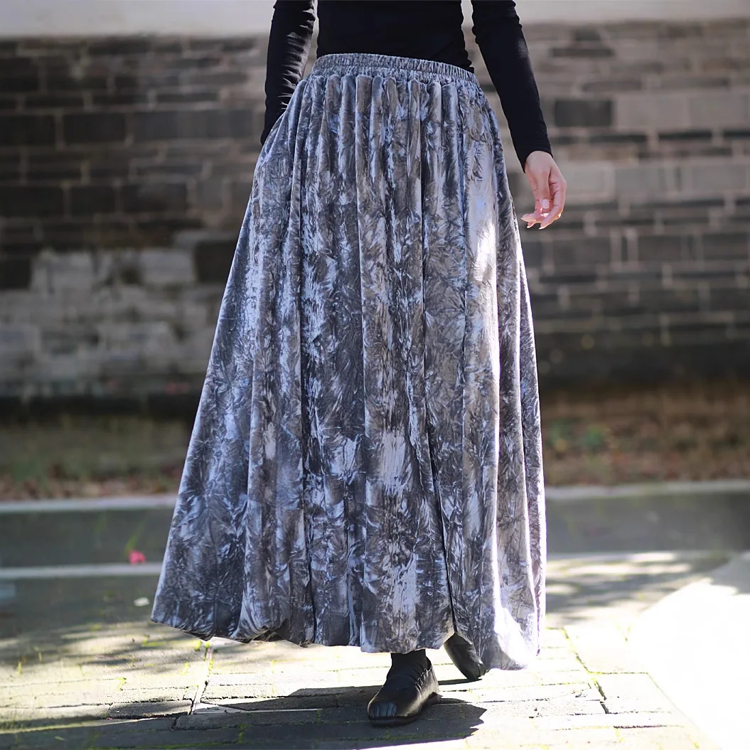 Falda midi de terciopelo con pintura de tinta teñida anudada de estilo chino cálido, falda completa estilo retro versátil