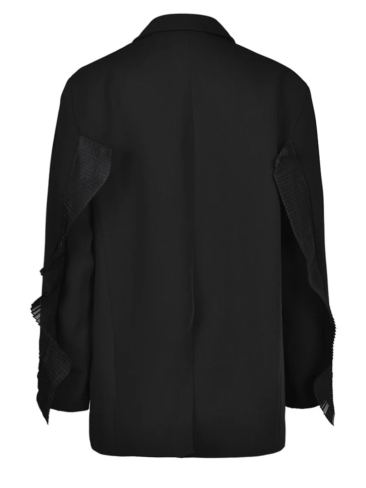 [EAM] Women Black Ruffles Elegant Big Size Blazer New Lapel Long Sleeve Loose Fit Jacket Fashion Spring Autumn 2024 1DE78850