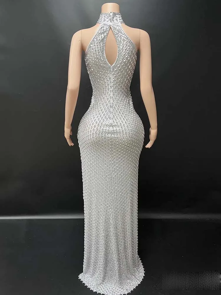 High Quality Hot Stamping Sexy Neck Hanging Elastic Slit Dress 2025 New Fashionable Custom Women'S Clothing