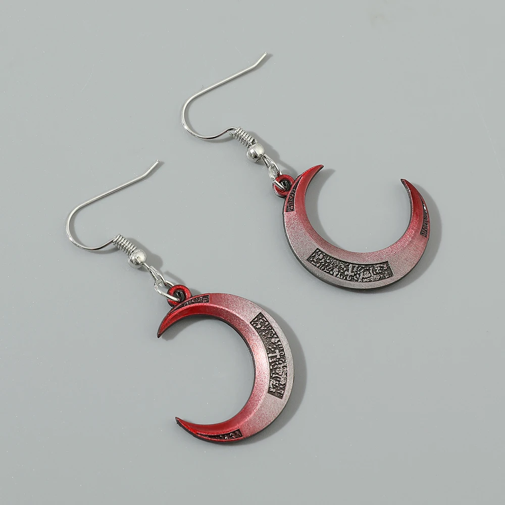 Moon Knight Crescent Dart Vintage Engraved Earrings Red Gradient Gothic Moon Accessories for Women Men Cosplay Props Gift