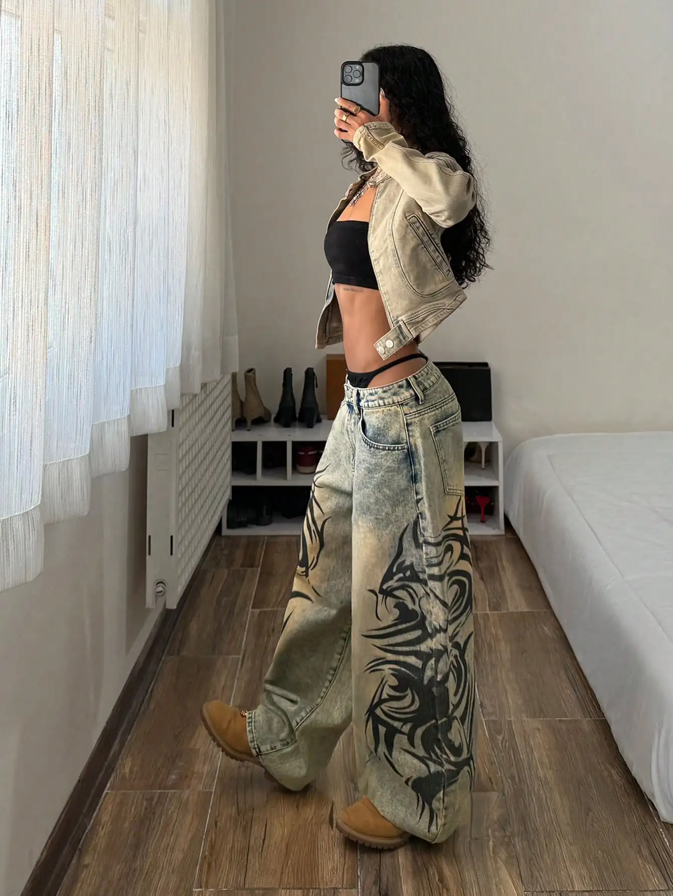 

Women's Street Style Wide Leg Jeans with Tribal Print, High Waist, Distressed Denim for Casual & Hip Hop Look
