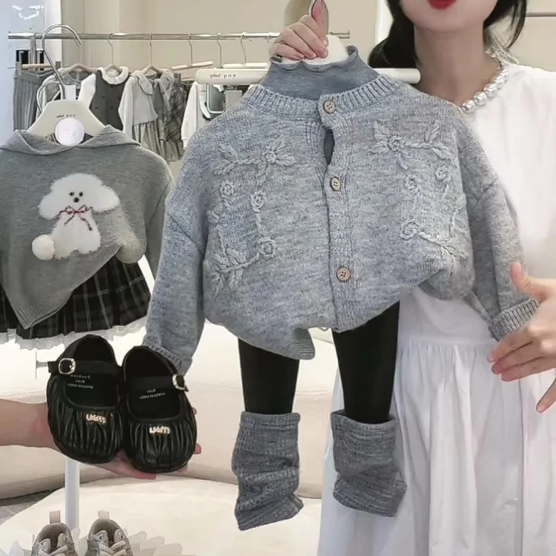 

01-Children's Clothing Girls' Knitted Sweater Autumn Clothing2025Trendy Children's Gray Floral Cardigan Baby Fashionable Set