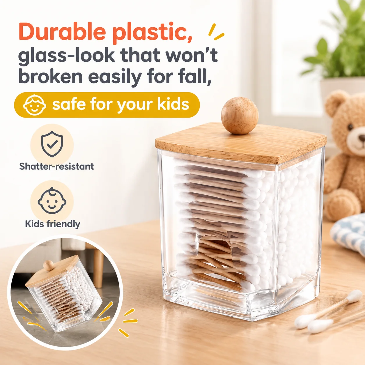 1/3/5 Pack Square Acrylic Q-Tip Holder with Bamboo Lid Bathroom Organizer for Cotton Swabs Cotton Balls and Floss Picks