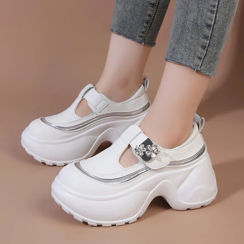

Platform Sneakers for Women Fad Thick Bottom Glitter Decoration Casual Shoes for Women Soft Chunky Velcro Mary Jane Womens Shoes