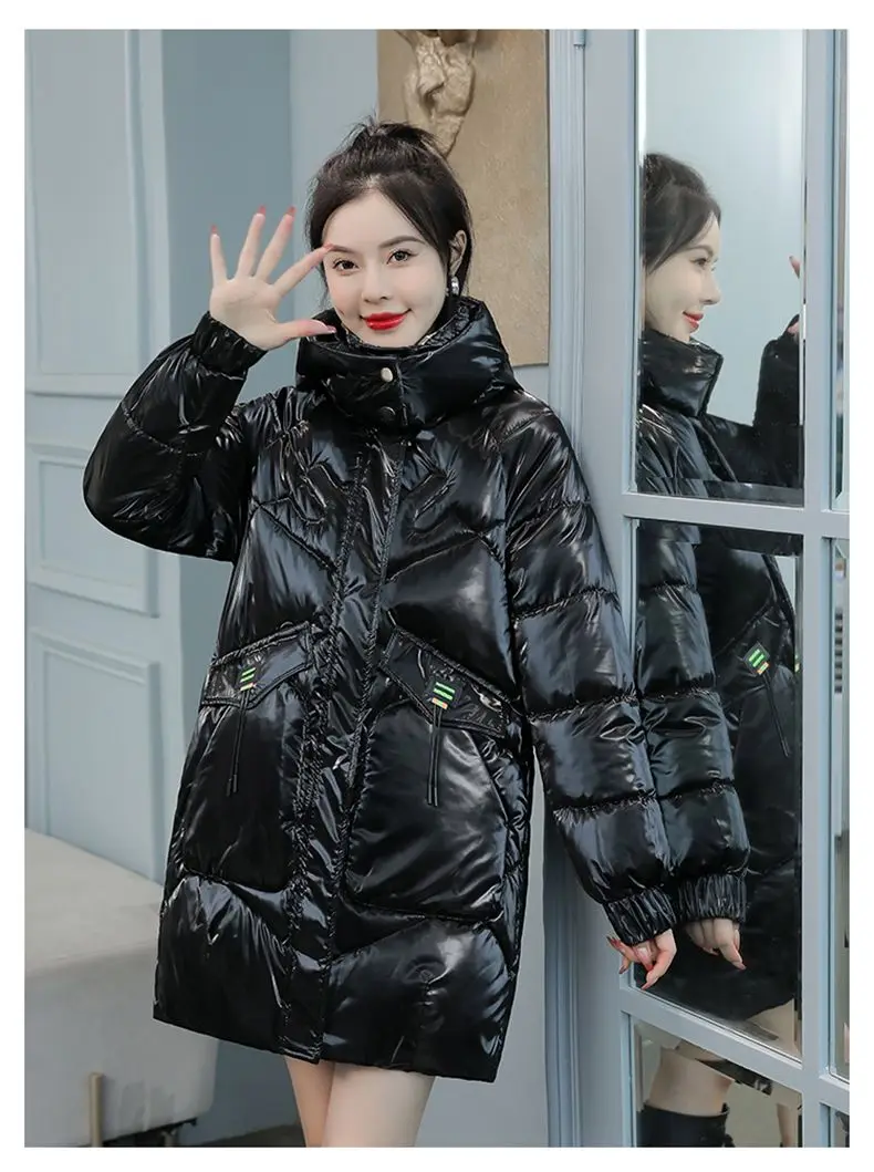 2026 Winter New Gloss Cotton Jacket Women's Medium to Long Korean Loose Coat Lady Thick Hooded Coats Female Warm Parker Overcoat