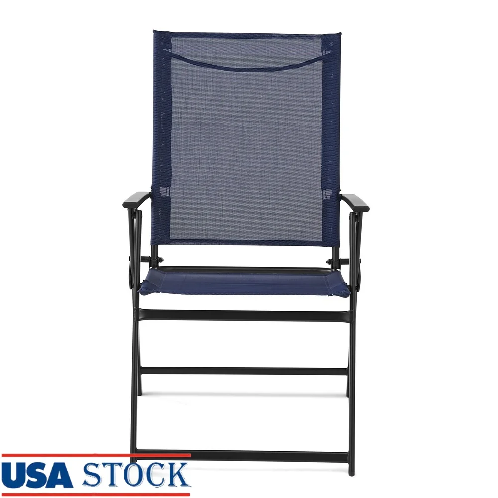 

Folding Outdoor Patio Armchair Set of 2 Portable Steel Frame Navy Sling Fabric Chairs Beach Camping Events