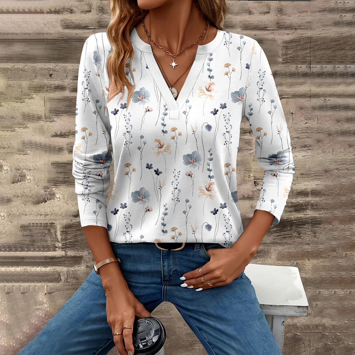 2026 الأوروبية والأمريكية موضة جديدة الخريف/المرأة مطبوعة عادية كم طويل الخامس الرقبة تي شيرت #1