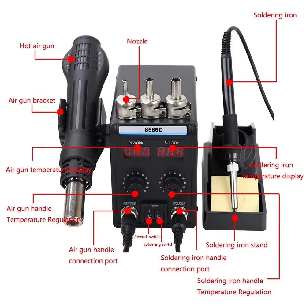 Soldering Iron and Heat Hot Air Gun 2-in-1 SMD Rework Station with Dual LED Digital Displaying for Soldering and Desoldering