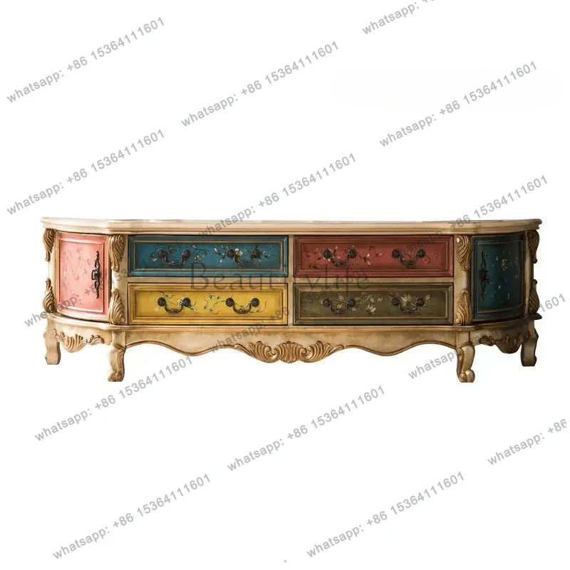 

American country TV cabinet living room, European solid wood TV cabinet painted engraved combination audio-visual cabinet