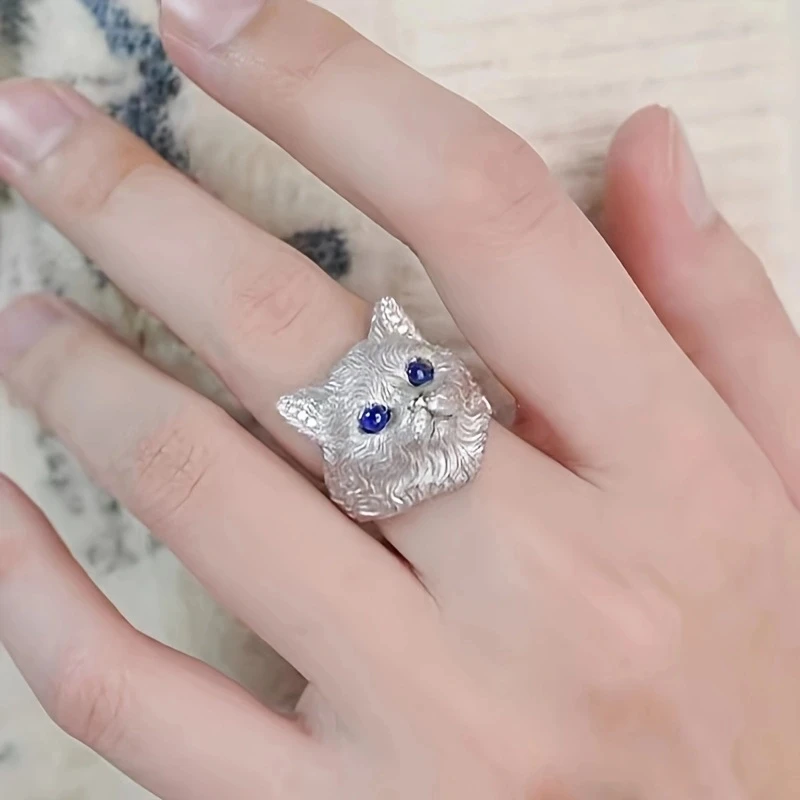 Noble Ragdoll Cat Prototype Elegant and Deep Blue Eyed Cat Head Opening Adjustable Ring Cute Animal Party Jewelry Gifts