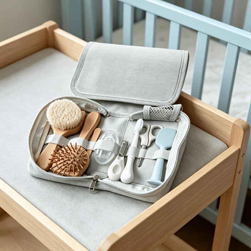 8-Piece baby Storage Bag Daily Care Set with Wooden Air Cushion Comb and Soft Bristle Brush - Infant Hygiene Products