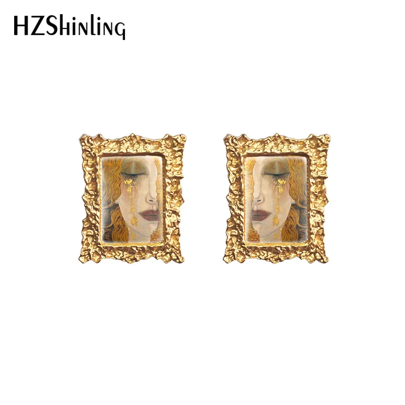 2022 New Gustav Klimt the Kiss Stud Earring Art Painting Square Earrings Retro Art Printed Glass Photo Jewelry