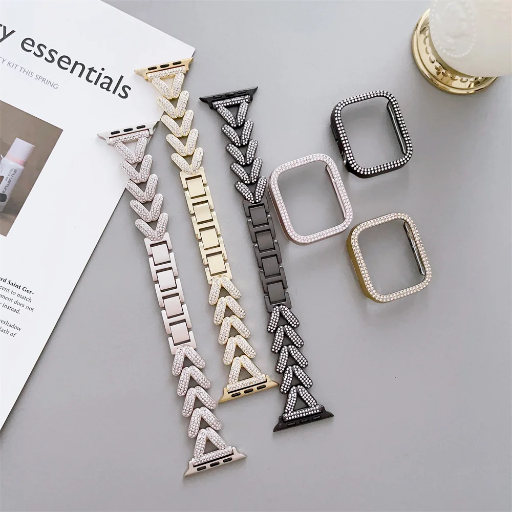 Tinh Thể Và Da Bò Kim Loại Dây Chuyền Tương Thích Với Apple Đồng Hồ Vòng Tay Ban Nhạc Với Bling Ốp Lưng Bảo Vệ 41Mm 42Mm 44mm 45Mm 49Mm