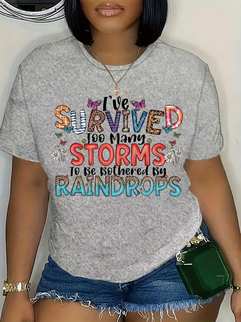 

Women's Large-sized Inspirational Letter Printed Fashionable Round-neck Top, Pure Cotton Loose and Casual