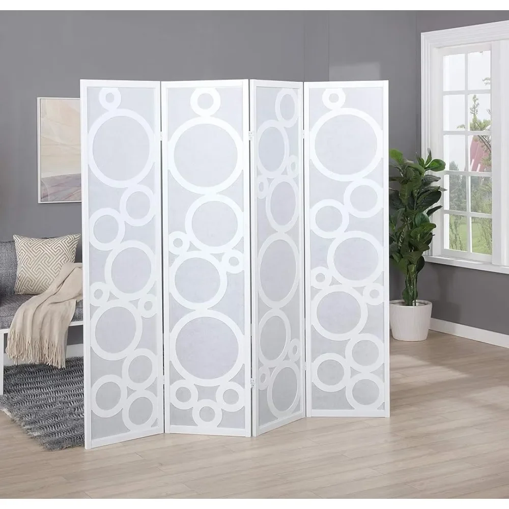 4-Panel Wood Room Divider With Circle Pattern Desk Partition Wall Dividers White Freight Free Folding Room Screen Standing Decor