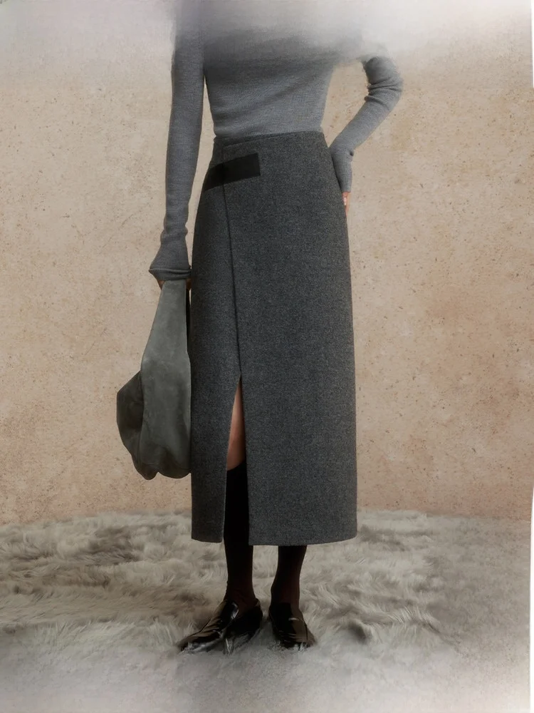 

Юбка А-силуэта с высокой талией для женщин, прямая, асимметричная, зимняя, утягивающая, из шерстяной смеси, для офиса