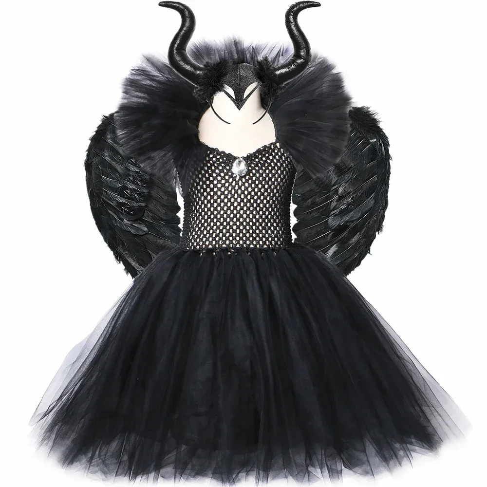 Girls Black Maleficent Tutu Dress with Horns Wings Dark Witch Evil Queen Costume for Kids Carnival Halloween Dress Up Clothes