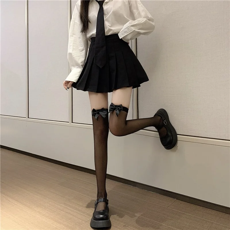 Chaussettes hautes ultra-fines pour filles, bas de style Lolita JK, chaussettes longues japonaises en nylon, nœud papillon Kawaii, cuisse haute, été