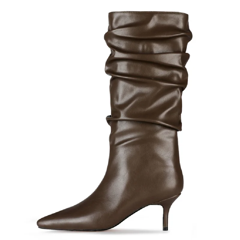 Sexy Heels Western Boots Fashion Pleated Knee High Boots Women Pointed Toe Red Beige Autumn Winter Party Shoes Female 2025