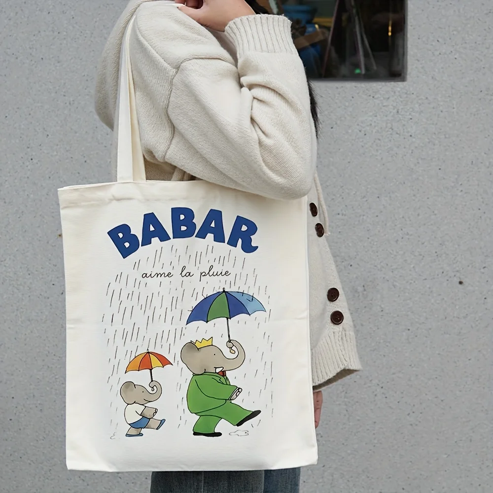

1 x Beautiful elephant and Babar canvas tote bag large capacity shoulder bag with vivid illustrations perfect for daily shopping